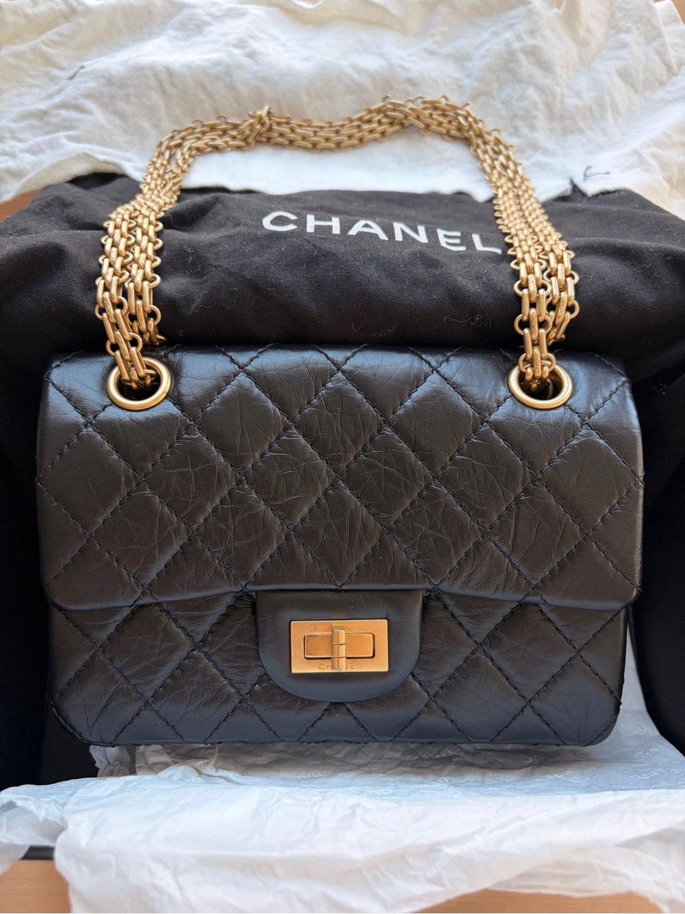 CHANEL Mini 2.55 Black Quilted Leather Shoulder Bag with Gold Chain Strap